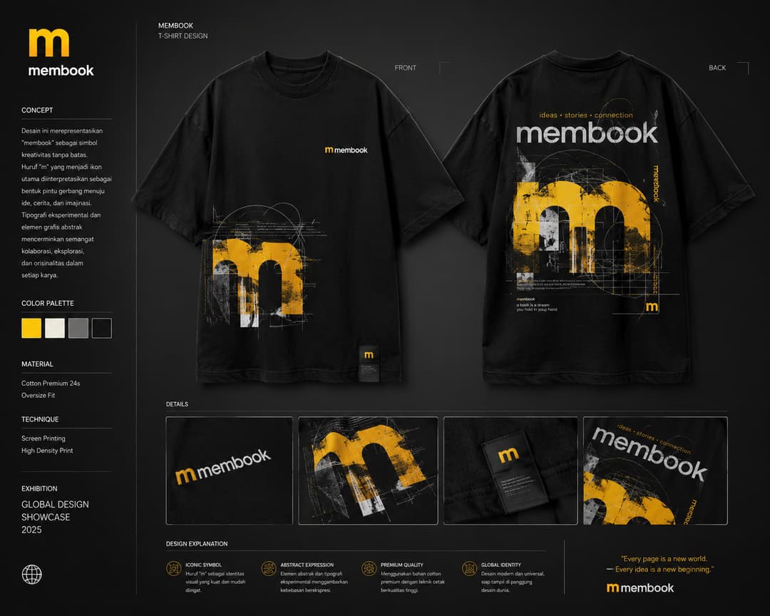 MEMBOOK — MORE THAN A T-SHIRT.
A visual statement built around ideas, stories, and connection. The iconic “m” becomes a symbol of limitless creativity through experimental typography, raw textures, and bold composition.
Designed to be bold. Made to be remembered.
membook. Every page is a new world.