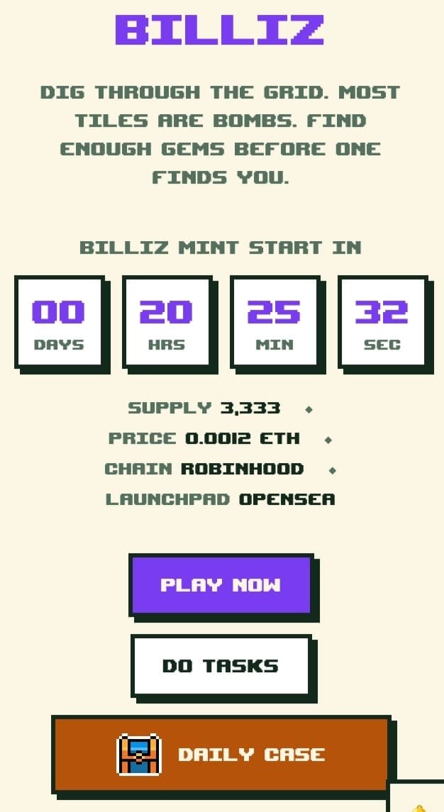 New Airdrops : BILLIZ
๐ท Reward : $ETH, $BILLIZ, WL NFT
๐ช Register : https://billiz.xyz/?ref=TPRSY6Q4
โ Connect Account X
โ Complete All Task
โ Daily Case
โ Open Chest
โ Done