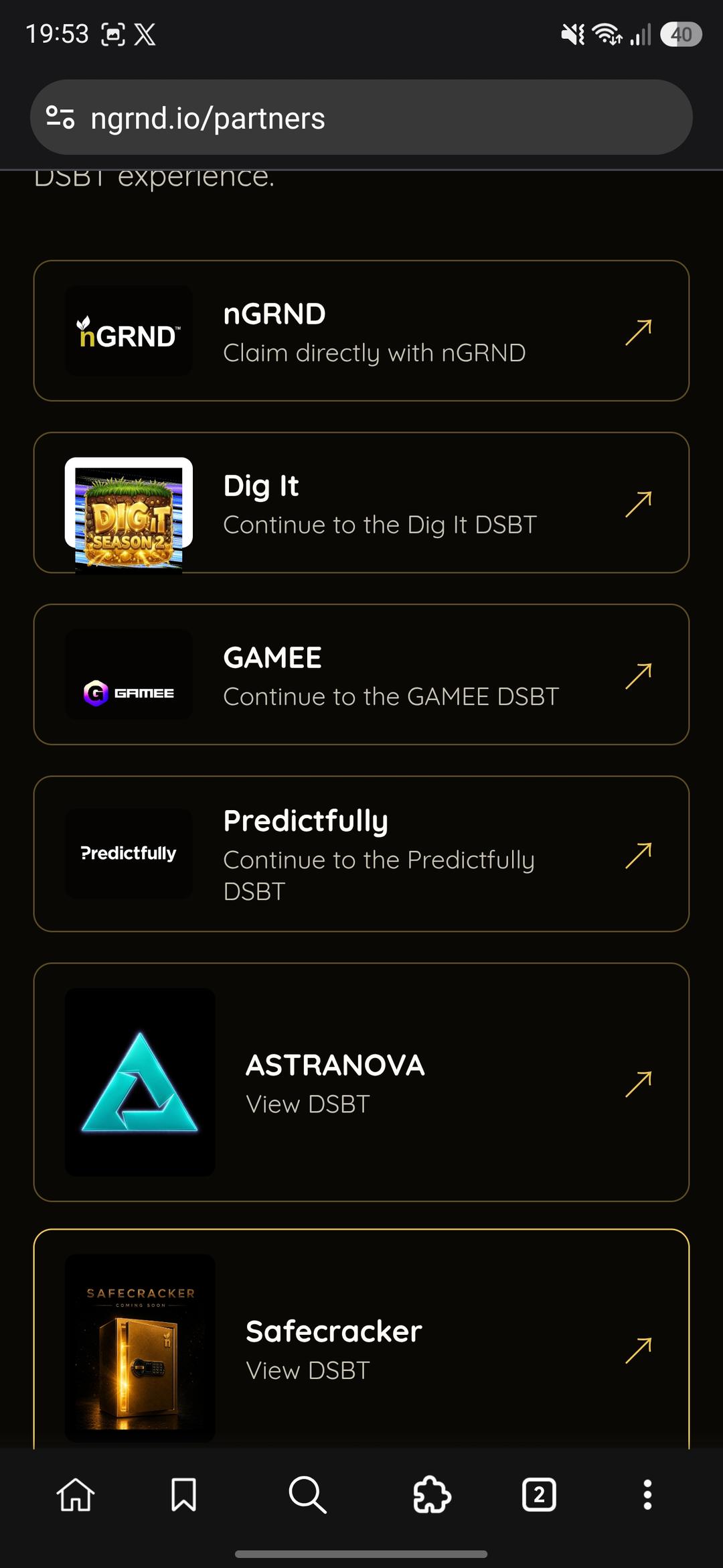 🎉nGRND: 850M max supply, with 1% (8.5M) for Airdrop. DSBTs track ecosystem participation. 6 🎯DSBT:
nGRND https://ngrndsbt.ngrndrewards.com/r/rszw5pg⁠

Dig It https://digitsbt.ngrndrewards.com/r/bfytnfb⁠

GAMEE
https://gameesbt.ngrndrewards.com/r/f66trgy⁠

Predictfully https://predictfullysbt.ngrndrewards.com/r/pstry9t⁠

ASTRANOVA https://astranovasbt.ngrndrewards.com/r/f56t52j⁠

Safecracker https://safecrackersbt.ngrndrewards.com/r/bahrre2⁠ (2 of 2)