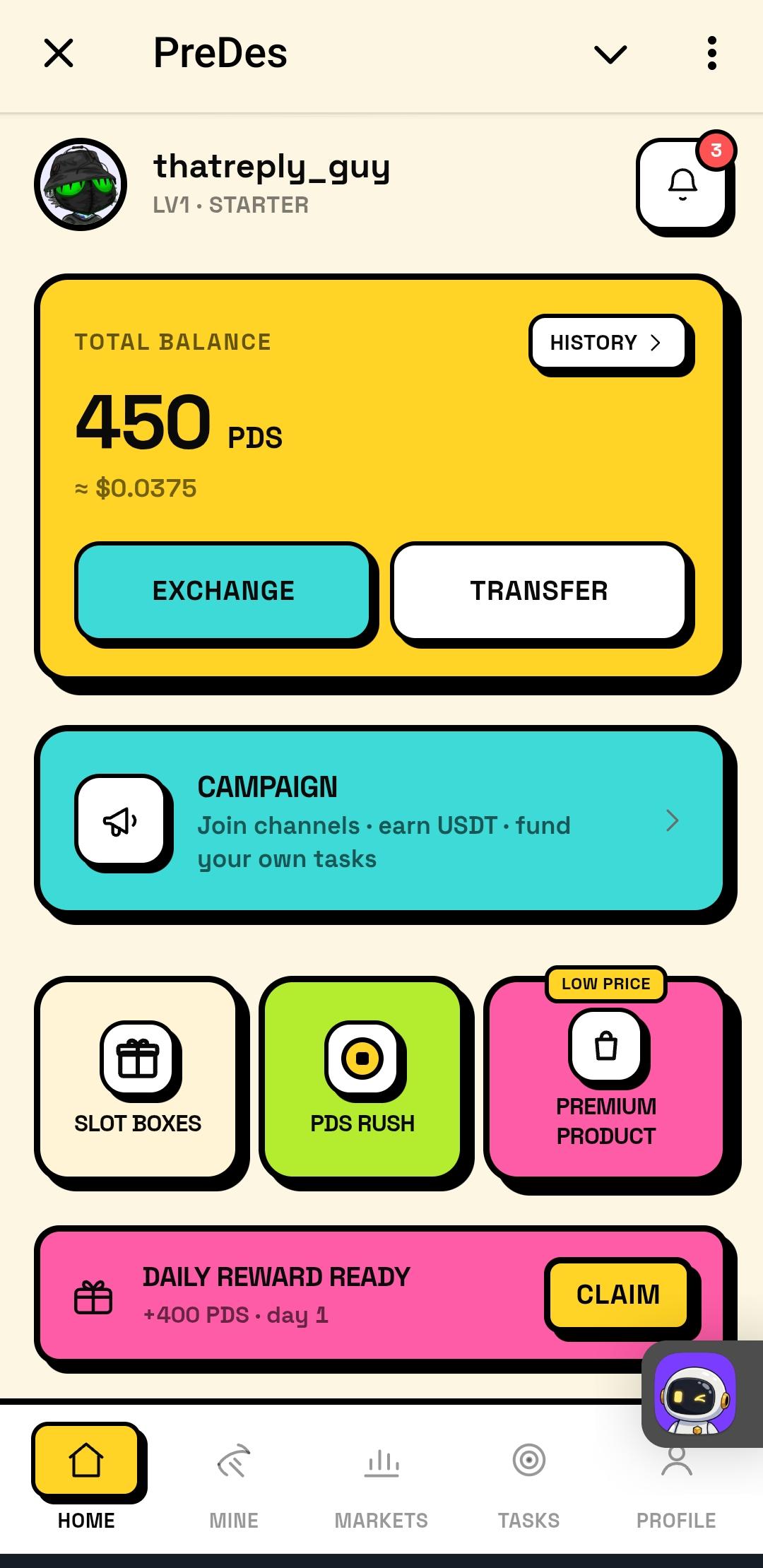 Stumbled on a cool project building something solid.

Business model checks out.

The project is PreDes Exchange.

Simply start mining with your telegram 👇🏽

https://t.me/PreDesMiningBot?startapp=ref_6RFPA85T

Mobile app is coming. (2 of 2)