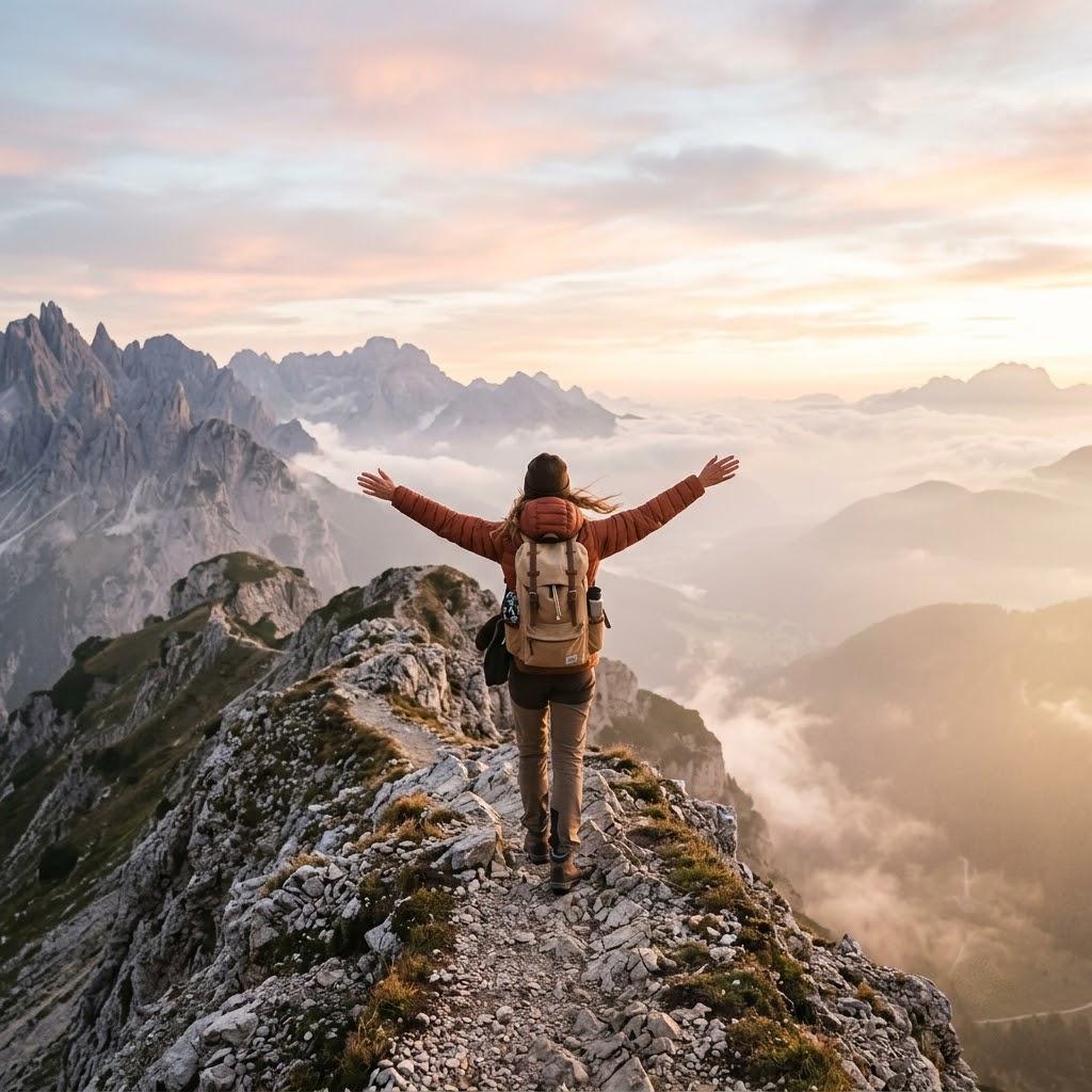 Standing atop the ridge, she opens her arms to the endless sky, feeling the rush of achievement and the pure freedom of the mountains bathed in soft golden pastel light.
#photography #trending #love #cute