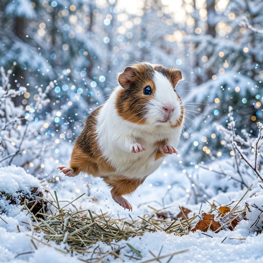 Winter light glints off the tiny fur of a popcorning guinea pig, its bright eyes sparkling with pure joy, while soft bokeh whispers a magical, enchanting tale of playful wonder.
#photography #love #cute #solana