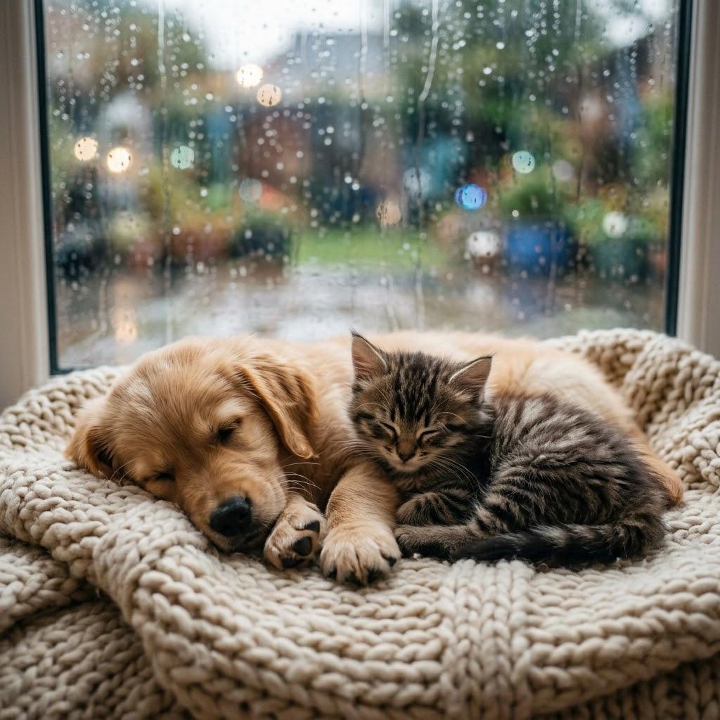 In a quiet room, a golden puppy and a tiny kitten curl up together on a soft knitted blanket while rain taps gently against the window, wrapped in warmth and peaceful dreams.
#photography #memebook #beautiful #aesthetic