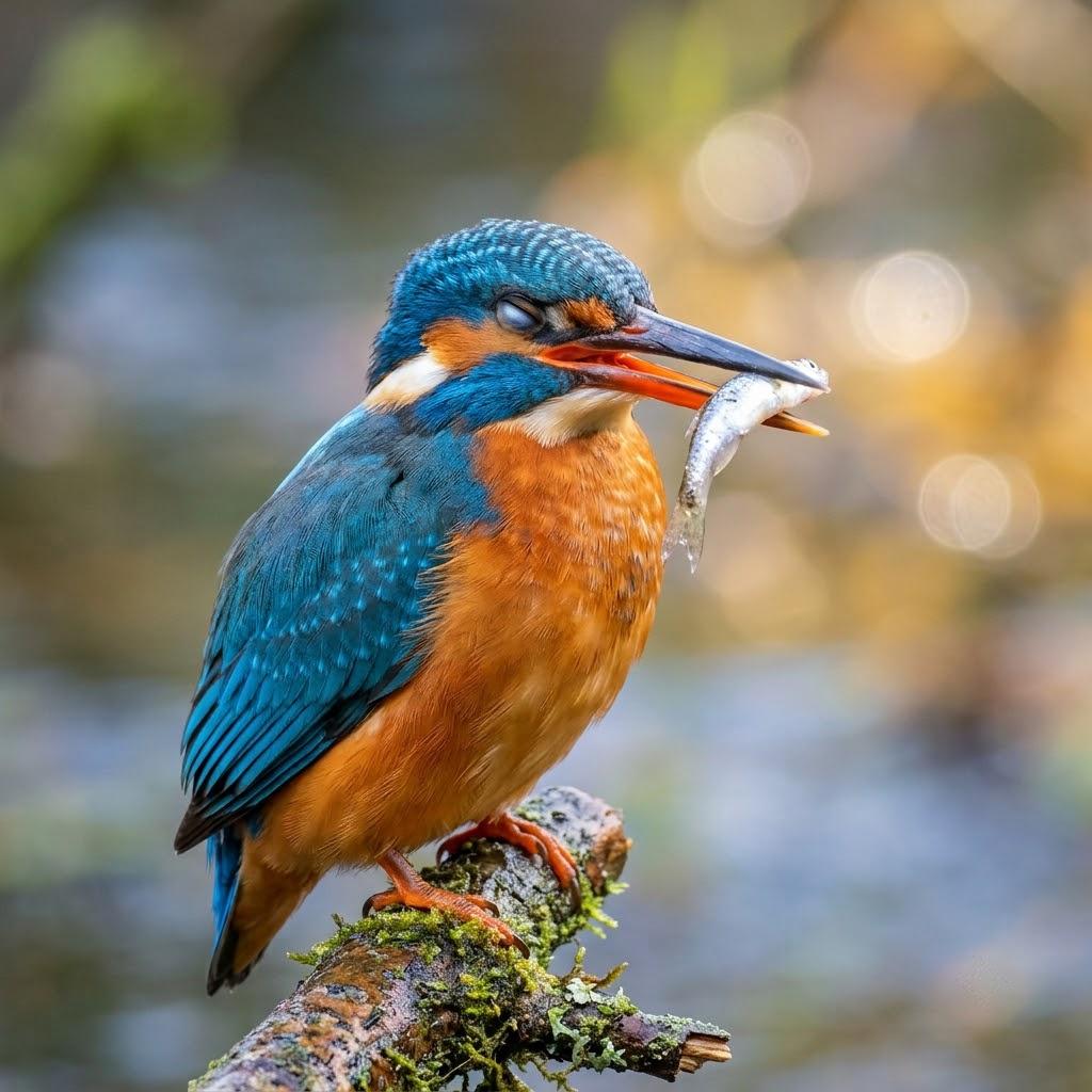 Playful kingfisher winks with a fish proudly held in its beak, surrounded by dreamy bokeh and soft diffused light. A heartwarming, award-winning moment captured in crisp 8k detail—nature's playful beauty brought to life in vibrant color.
#social #trending #viral #life