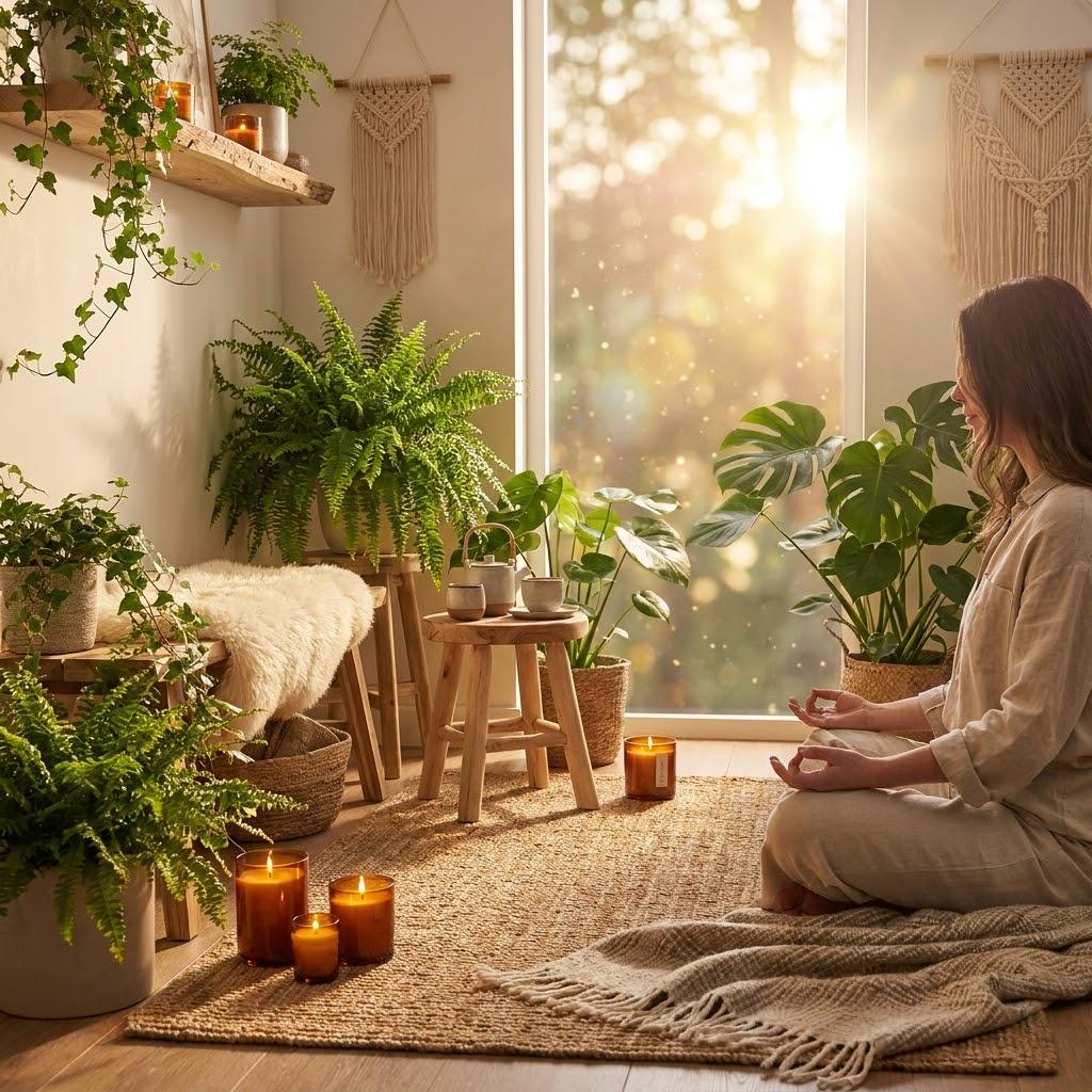 There's something about this corner that makes everything slow down. Soft golden light filtering through plants, candles flickering quietly, natural textures everywhere you look. This is where I come to breathe and simply be.
#trending #beautiful #photography #social