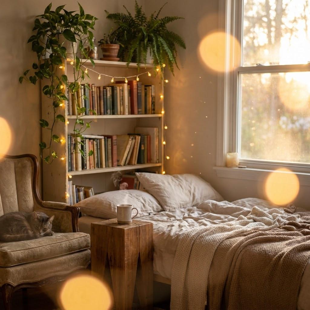 The weekend unfolds in a cozy bedroom where plants lean by the window, books stack on the nightstand, and fairy lights twinkle as golden hour pours warm light through the glass, painting everything in a dreamy glow.
#life #beautiful #viral #love