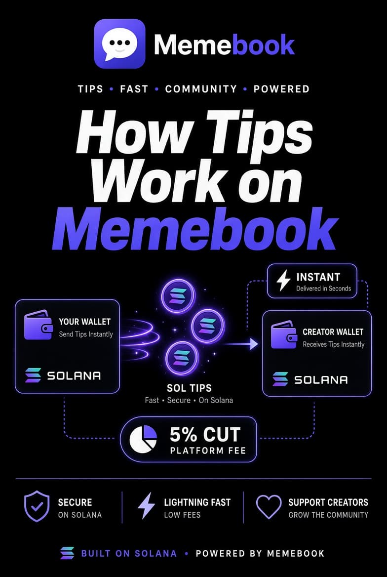How tips work on Memebook:
Anyone can send SOL tips directly to your wallet.
No middleman. Instant. On-chain.
Platform takes only 5% — you keep the rest.
Have you received your first tip yet?
Drop a 🔥 if yes, or tip this post to support the series.