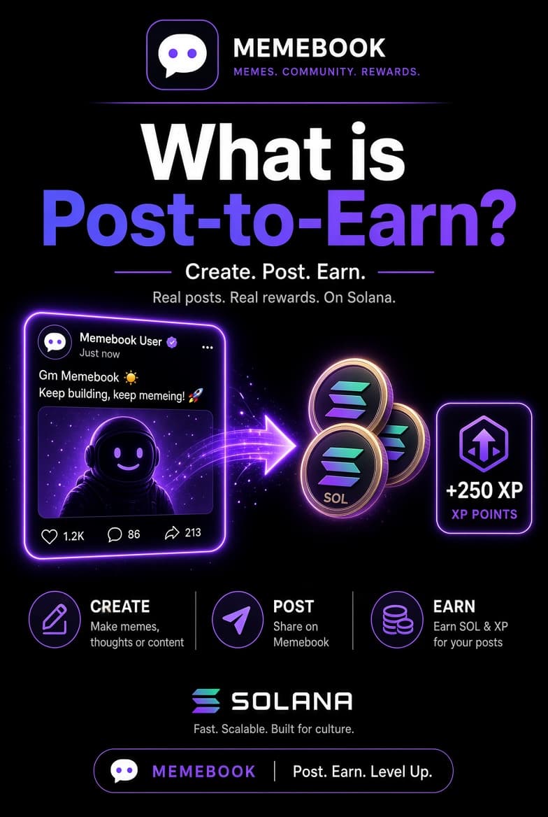 What is Post-to-Earn?
On Memebook, every post can earn you SOL tips + XP.
Your content has real value — not just likes.
Create. Share. Earn.
All on Solana.
Drop a 🔥 if you’re posting daily for XP.
Tip this post to support the series.