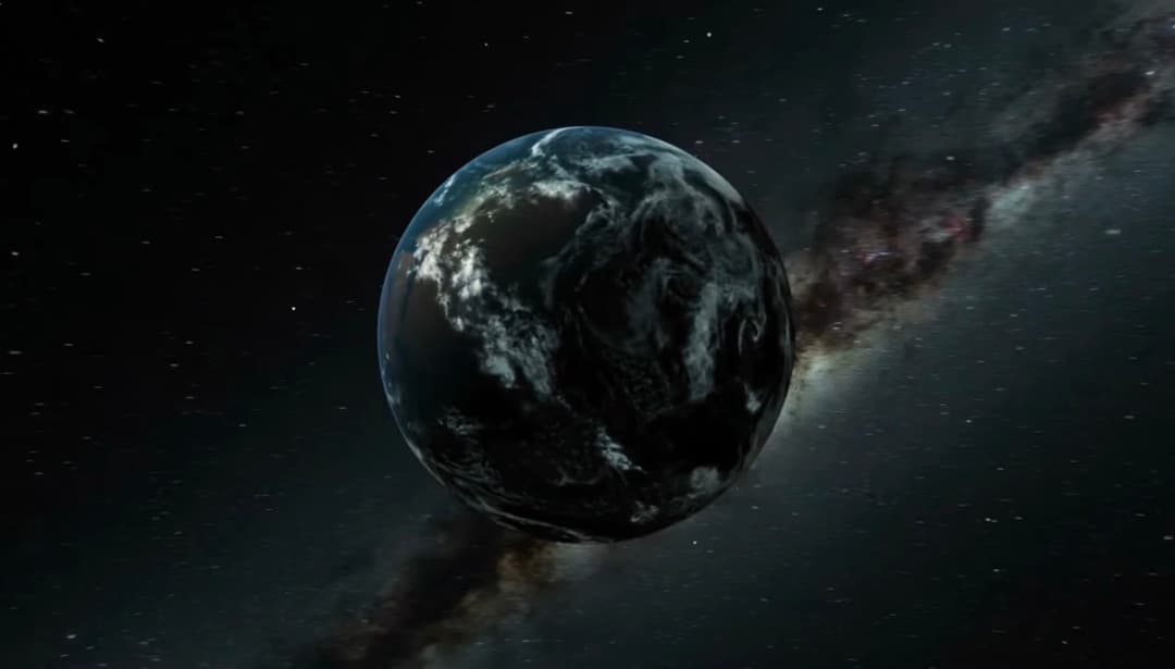 A majestic blue planet floats silently in the vast cosmic ocean, illuminated by starlight against the dark galactic backdrop. 🌍