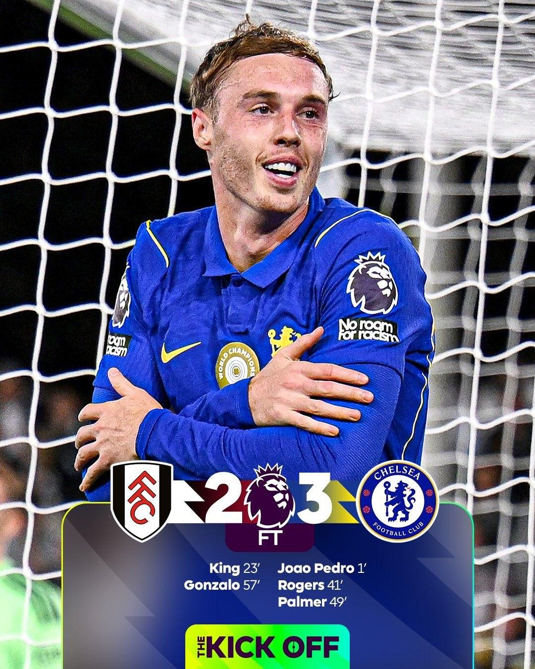 FT | Fulham 2-3 Chelsea
⚽️Joao Pedro
⚽️Josh King
⚽️Morgan Rogers
⚽️Cole Palmer
⚽️Gonzalo Garcia
A winning start to the Xabi Alonso era for Chelsea in a thrilling win at Craven Cottage 🔵 🍿
