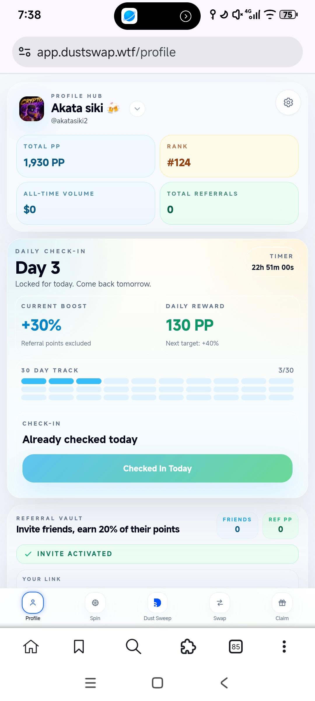 Airdrop New ๐
Link
https://app.dustswap.wtf/?ref=DUST-NP9GM