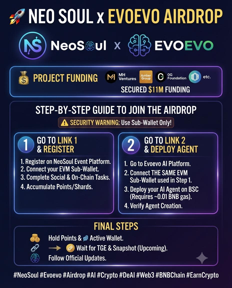โ๐ Link 1 (Registration):
https://event.neosoul.ai/?inviteCode=DDRYXGK4
โ๐ Link 2 (Agent Deployment):
https://evoevo.ai/invite?inviteCode=D6X2M7NC
โ๐ Follow the exact steps shown in the image above. Make sure to use a secondary sub-wallet with a small amount of BNB for gas fees to keep your main funds secure!
โ#NeoSoul #Evoevo #Airdrop #AI #Crypto #DeAI #Web3 #BNBChain #EarnCrypto
