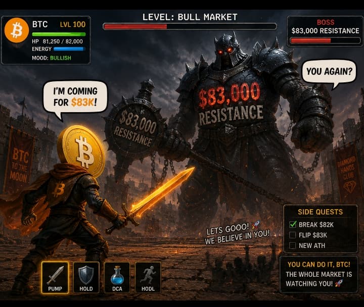 $83K Boss Fight-
BTC: “I’m coming for $83K.”
$83K resistance: “You again?” 💀
BTC: “This time is different.”
Market: “Bro said that last time.” 😂