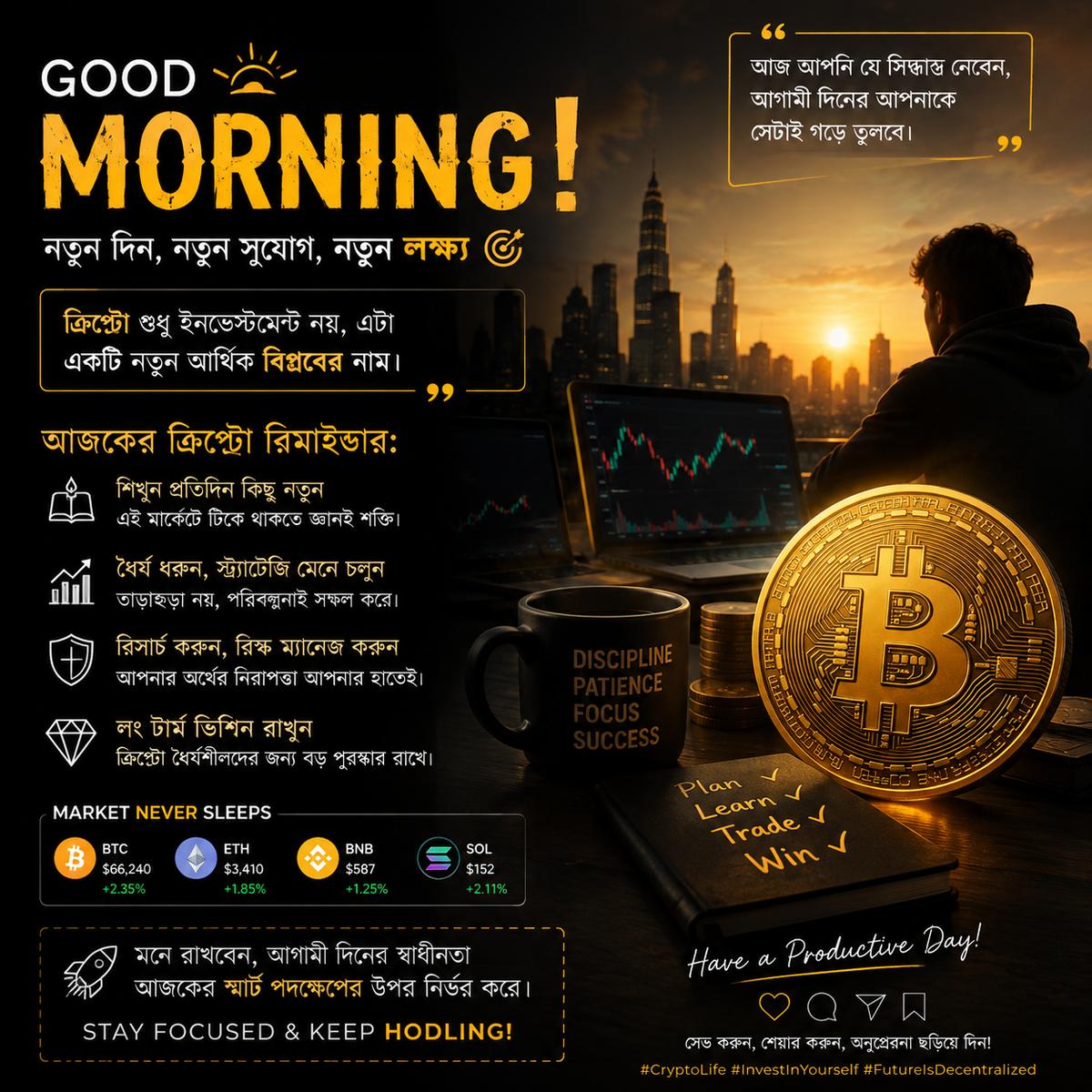 🌅 GOOD MORNING, Crypto Family! ☀️

নতুন দিন, নতুন সুযোগ, নতুন লক্ষ্য। 📈
Crypto শুধু investment নয়—এটা শেখা, ধৈর্য রাখা, research করা এবং smart decision নেওয়ার journey। 💎

আজকের লক্ষ্য: Learn • Plan • Stay Focused • Keep Growing 🚀
মনে রাখবেন—আজকের ছোট্ট সিদ্ধান্তই আগামী দিনের বড় পরিবর্তনের শুরু।

Have a productive & profitable day! 💛
#CryptoLife #CryptoCommunity #Bitcoin #CryptoTrading #InvestInYourself #StayFocused #GoodMorning