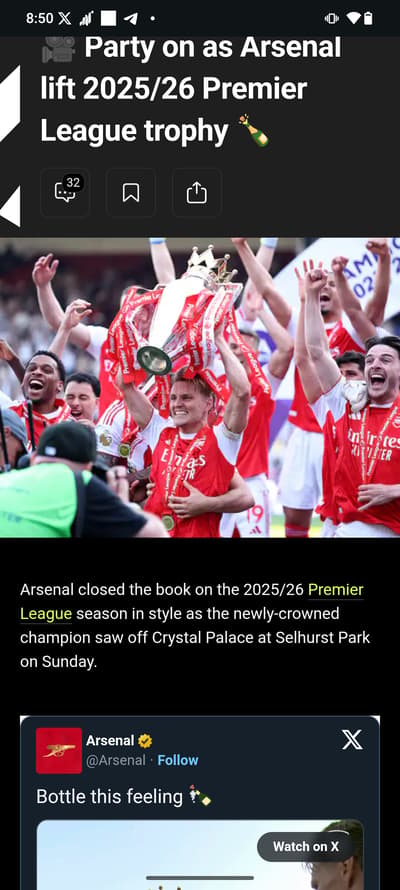 Party on as Arsenal lift 2025/26 Premier League trophy 🍾