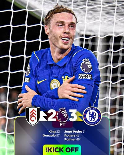FT | Fulham 2-3 Chelsea

⚽️Joao Pedro 
⚽️Josh King
⚽️Morgan Rogers 
⚽️Cole Palmer
⚽️Gonzalo Garcia 

A winning start to the Xabi Alonso era for Chelsea in a thrilling win at Craven Cottage 🔵 🍿