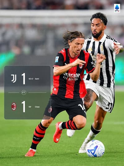 𝐅𝐔𝐋𝐋 𝐓𝐈𝐌𝐄 | 𝐒𝐄𝐑𝐈𝐄 𝐀 🇮🇹 

Juventus 1-1 AC Milan

⚽️ Alphadjo Cisse
⚽️ Federico Gatti

Federico Gatti scored a 92nd-minute equaliser as Juventus salvaged a 1-1 draw against AC Milan at the Allianz Stadium 🤝 

Highlights uploaded in the comments section👇🏻