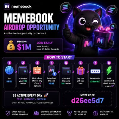 🚀 Exploring @MemebookApp and the experience has been great so far!

✨ $1M in funding
✨ Easy onboarding
✨ Daily XP through posting, commenting & check-ins

Getting involved early in promising Web3 communities can be rewarding. 👀

Use my invite code: **d26ee5d7**

#Memebook #Airdrop #Web3 #Crypto #SOL