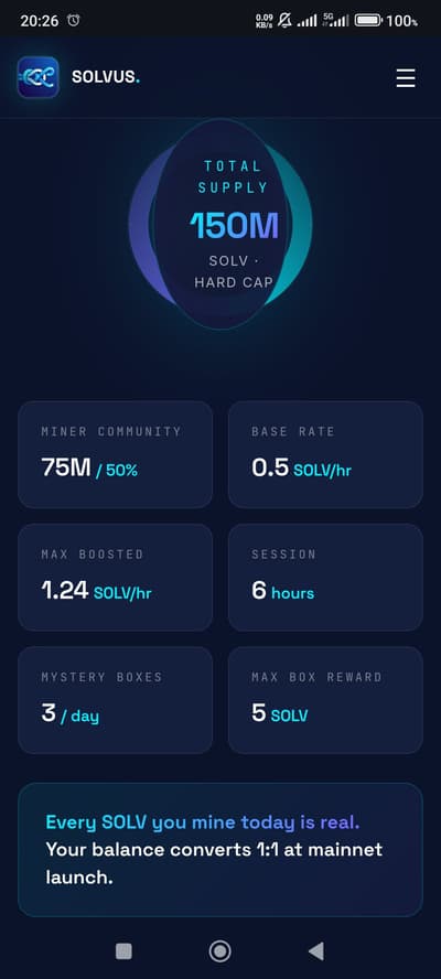 🚀 Join Solvus Protocol 

📅 Launch: July 2026

💎 Total Supply: 150M SOLV

⛏️ Allocation: 75M SOLV (50%)

⚒️ Mining Session: 6 Hours

🔄 Conversion Ratio: 1:1 SOLV

⚡ Mining Boost: Up to 5×

🎟️ Referral Code: SYNC-SURA-QG8P

🔗 https://solvusprotocol.com/?ref=SYNC-SURA-QG8P

🔥🔥💷