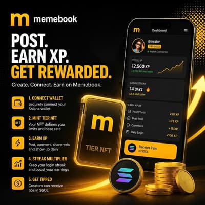 Wait so I finally tried @memebookapp and the XP setup makes way more sense once you're inside lol

You connect a Solana wallet, mint your tier NFT, then earn XP from posting photos, reels, commenting and showing up daily. The NFT comes first and sets your activity limits and base earning rate, while the login streak adds a multiplier over time