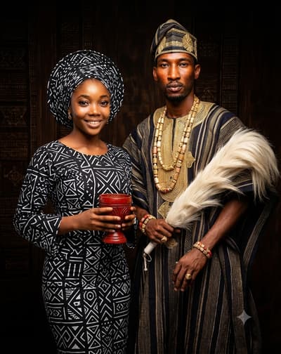 Elegant African traditional attire with bold black-and-white geometric patterns, featuring a woman in a fitted dress and headwrap holding a red cup, and a man in a flowing striped robe with a matching cap, adorned with gold jewelry and holding a white fur accessory, set against a dark background highlighting the intricate textile designs