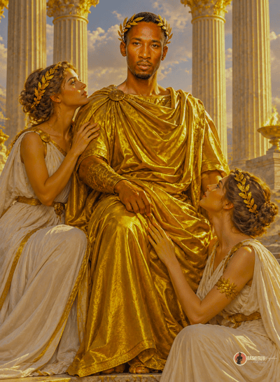 Radiant in golden divinity, the central figure embodies timeless power and reverence, surrounded by loyal attendants beneath towering columns that echo the grandeur of ancient temples. ✨👑d