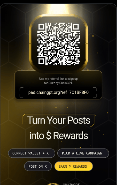 ⚡ Buzz by ChainGPT is offering a fun way to turn X activity into rewards.
You can: Connect X Plus Wallet
“ “→ Select the campaign that is currently live
Posting support project posts
Follow and receive rewards
I am testing this system👀
🔗 https://pad.chaingpt.org? ref=7C1BF8F0