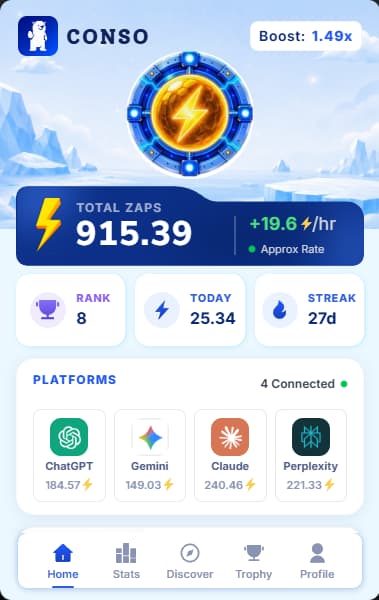 I'm on the Top 10 @conso_xyz 🏆 thanks to its focus on quality prompt, exploring a variety of topics, and maintaining consistent operations.
Want to try: 1️⃣ Install Conso Extension
2️⃣ Enter code CONSO-669HQ
3️⃣ Platform Connect
4️⃣ To Make Missions
5️⃣ Stay active
⚡️ quality prompts > spam repeats
🚀 Code: CONSO-669HQ
##number #PromptoEarn