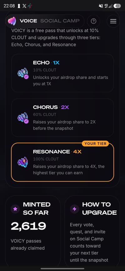 🪂 VOICE Airdrop is live! VOICE is building an OpinionFi platform on Solana where users earn CLOUT through Social Camp, voting and social quests. CLOUT helps determine your airdrop tier, with $VOICE TGE targeted for Q4 2026. Higher activity can unlock more rewards, WL and other benefits. �
voice.cc +1
Link join: https://voice.cc/socialcamp/gricky1208?ref=4PSLUB
🔹 Connect X
🔹 Complete quests
🔹 Vote daily & earn CLOUT
🔹 Build your tier
🔹 Invite friends for extra CLOUT
Start farming early 👇