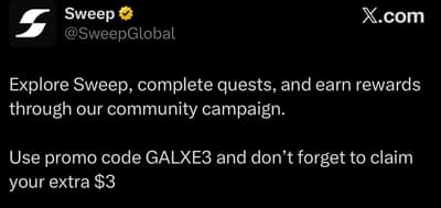 instant earning $3 you can also withdraw

Create account complete your KYC complete at last 1 task 

Code👉 GALXE3


You promo code you can instant $3


https://sweep.finance/?referrer_code=VNDEXBRK