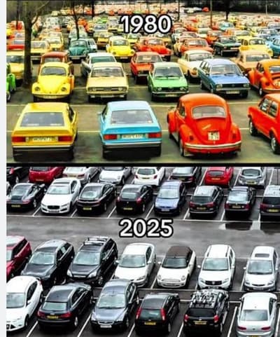 In the past, cars were colorful, and the streets looked like a celebration of colors—blue, yellow, red, and green. The city was lively and beautiful. But today, most cars are white, black, and gray. The reason is cost savings in production, maintaining resale value, the durability of neutral colors, and global market taste. The result? Cities have become monotonous and industrial.