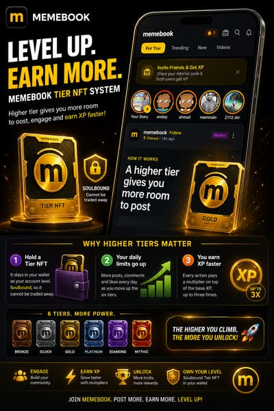 🔥 Memebook is building a smarter social ecosystem!

The new Tier NFT system lets users level up by holding a soulbound Tier NFT. Higher tiers unlock more daily posts, comments and likes, while also boosting XP earnings up to 3×. 🚀

Bronze → Silver → Gold → Platinum → Diamond → Mythic 🏆

The higher you climb, the more you unlock! 🔥

#Memebook #Web3 #NFT #SocialFi