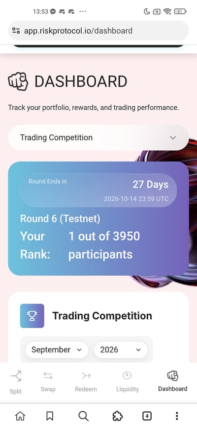 Keep going evert day
TOP 1 💥💥
 Join round 7 👇
https://app.riskprotocol.io/dashboard