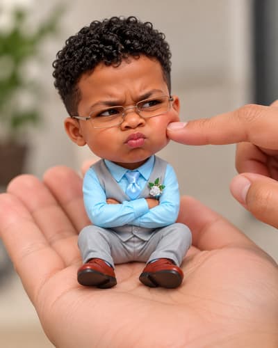 [image1]
A mini chibi version of the character in the uploaded image, with a big head and small body, sitting on an open left palm for realistic scale. A right hand gently pressing its cheek with an index finger. The character looks annoyed and pouty — puffed cheeks, slightly frowning, squinting eyes. Ultra-detailed chibi style, soft pastel colors, smooth texture, clean lighting, shallow depth of field, strong focus on facial expression and hand interaction, vertical composition 4:5 ratio.