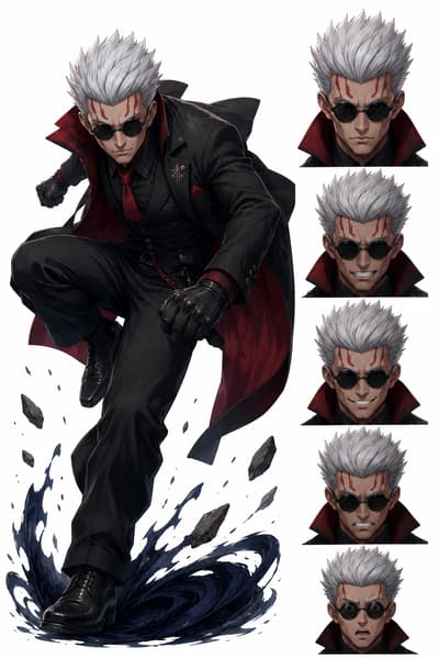 Anime character reference sheet, silver-haired male fighter with wild spiky white hair, red facial markings, round black sunglasses, black gothic suit, red tie, black gloves, long black coat with crimson inner lining, dynamic crouching fighting pose, powerful fist forward, dark blue energy splash beneath his foot, floating rocks and debris, intimidating expression, detailed anime game art, sharp linework, cinematic lighting, dramatic shadows, clean white background.