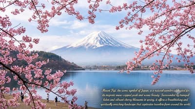 Mount Fuji, the iconic symbol of Japan, is a natural wonder celebrated for its majestic snow-capped peak and scenic beauty. Surrounded by tranquil lakes and vibrant cherry blossoms in spring, it offers a breathtaking and spiritually enriching landscape that captivates travelers from around the world.