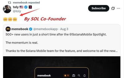 🚀 New Airdrops : Memebook 

Raised $1M Backed Hy Solana 


• Connect your SOL wallet
• Mint a Pass choose any of the 5 options
• Download the app HERE
• Connect the same SOL wallet
• Tap the gift box icon
• Post, comment & check in daily to earn XP