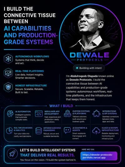 AI isn't only for writing content.

I build AI into actual business operations.

Imagine an AI system that can help your business:

🤖 Answer customer questions
📥 Process enquiries
📊 Analyze information
🔎 Search your business data
📝 Generate documents
📩 Trigger follow ups
⚙️ Start automated workflows

That's the difference between using AI and building AI into your business.

👉 Let's build yours: https://dewale-protocols-portfolio.vercel.app