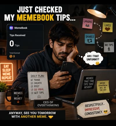 Just checked my @memebookapp tips..
0 tips
At this point,I think my followers have a special talent

😂 Laugh at the meme
❤️ Like the meme

 Walk away like the creator pays the internet bill himself
Respectfully..impressive consistency 😂
Anyway, see you tomorrow with another one
