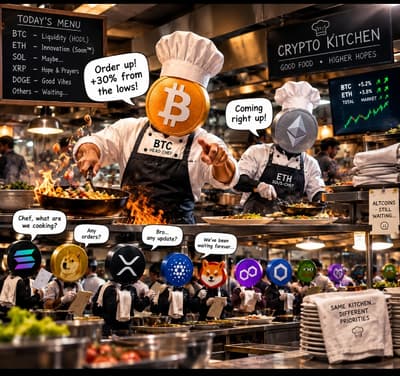CRYPTO KITCHEN

BTC: Order up! +30% from the lows.🍳
ETH: Coming right up!
Altcoins: Chef, what are we cooking?
BTC: Nothing. I’m keeping all the liquidity for myself.💀