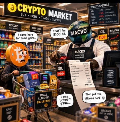 BTC: I came here for some gains.
Inflation: That’ll be $100 oil.
BTC: I only brought $79K.
Market: Then put the altcoins back. 💀