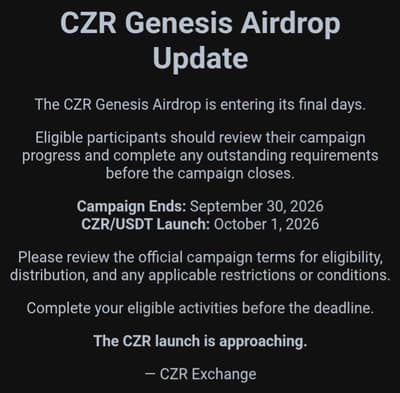 two more days before the airdrop campaign ends, Join now https://airdrop.czrex.com/airdrop?referral_code=6VZLJXC2