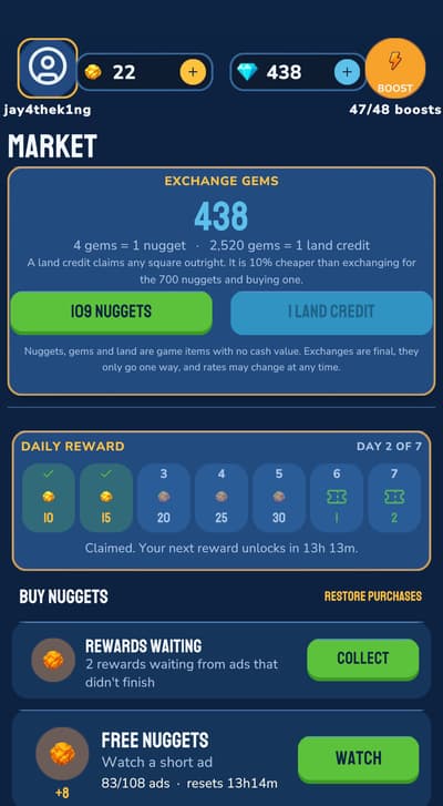 Very disappointed in Prospectour this morning. Update introduced daily rewards and land credits but the cash out options was removed 😕