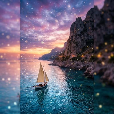 There's something magical about this moment—a tiny sailboat drifting along crystal waters beneath towering cliffs, as the sky melts into purple and pink twilight. Fairy lights twinkle like scattered stars. Pure wanderlust in every frame.

#beautiful #cute #solana #web3