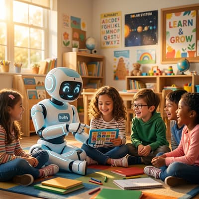 Golden hour spills through a vibrant classroom where a gentle robot guides curious kids, bathed in warm sunlight and soft lens flares, creating a dreamy, hopeful future captured in stunning detail.

#trending #social #photography #beautiful