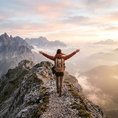 Standing atop the ridge, she opens her arms to the endless sky, feeling the rush of achievement and the pure freedom of the mountains bathed in soft golden pastel light.

#photography #trending #love #cute
