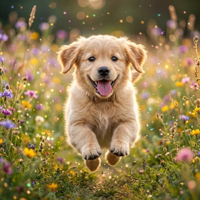 Mid-air and full of pure joy, this golden retriever puppy floats with tongue out and eyes shining bright. Soft fur catches the light as magical bokeh dances around in perfect, heartwarming harmony.

#trending #beautiful #cute #social