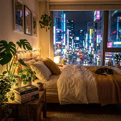 I want to spend every weekend in this dreamy bedroom sanctuary filled with plants, beloved books, glowing fairy lights, and those beautiful neon city lights creating the most magical bokeh through the window.

#web3 #viral #memebook #cute