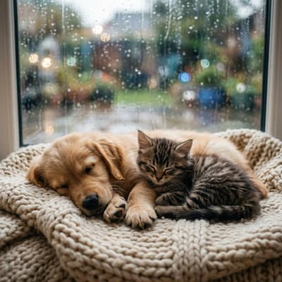 In a quiet room, a golden puppy and a tiny kitten curl up together on a soft knitted blanket while rain taps gently against the window, wrapped in warmth and peaceful dreams.

#photography #memebook #beautiful #aesthetic