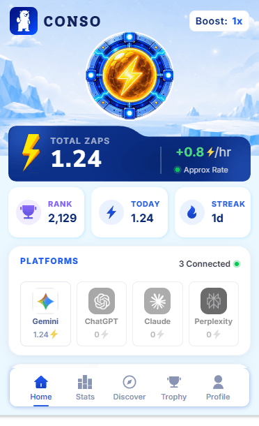 My Day 1 Stats with: conso.xyz Extension

Status: Public Beta
Access: Early Access & Invitation Only

Access Code: CONSO-IZSJU

Prompt To Earn is starting to explode ⚡️🐻‍❄️